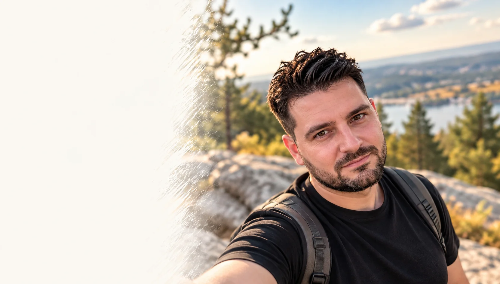 Matěj Weber na skalní vyhlídce nad jezerem
