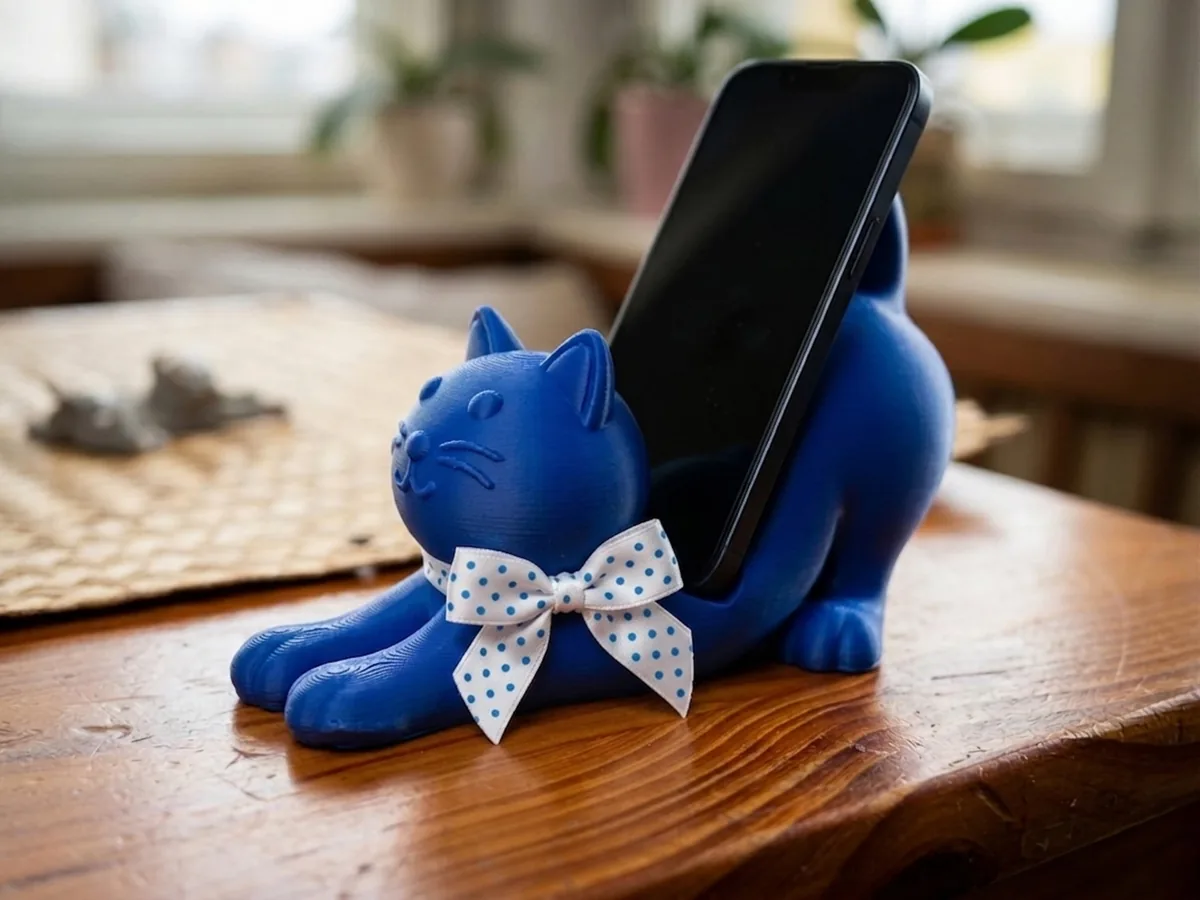 Modrý stojánek ve tvaru zvířátka podpírá telefon na stole