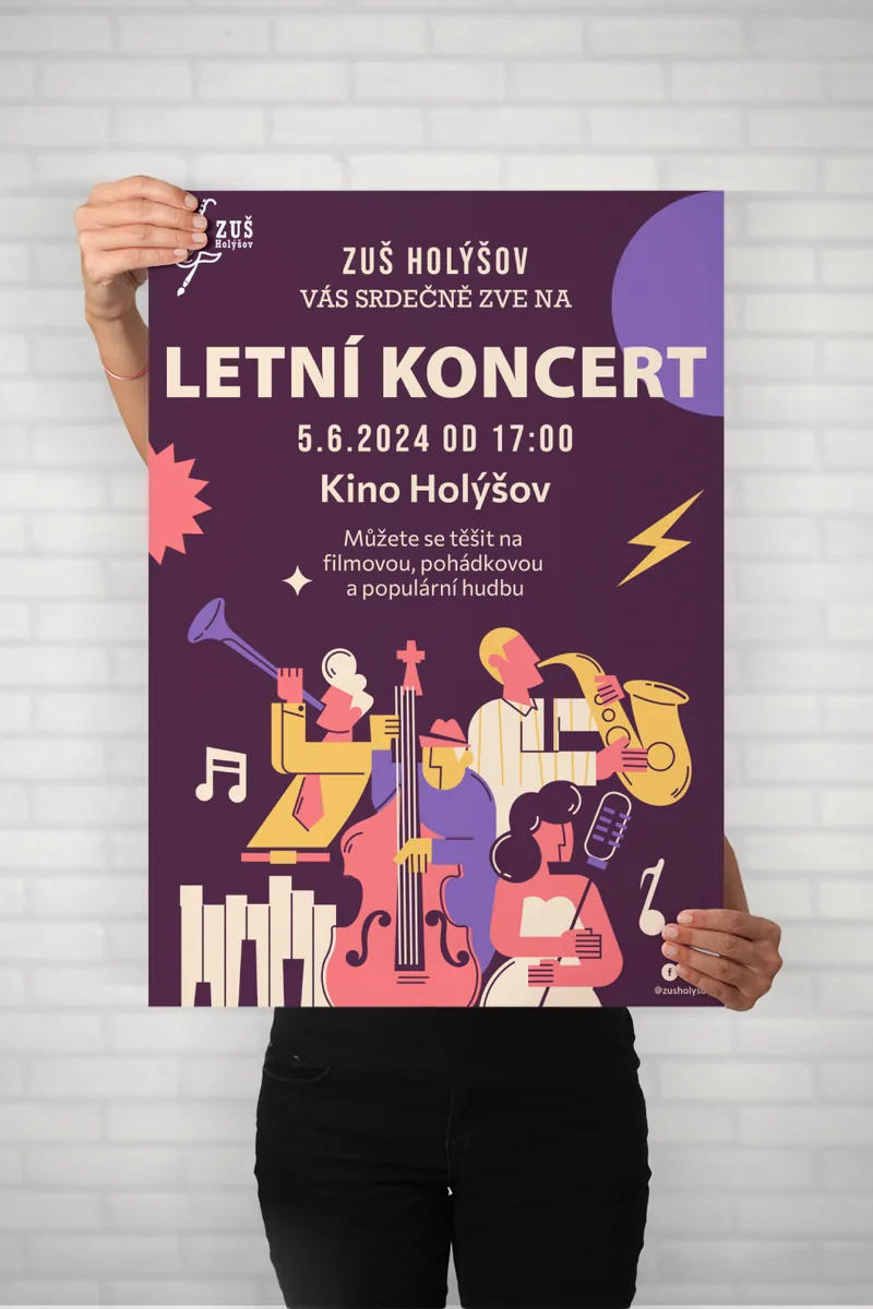 Fialový plakát Letní koncert s ilustracemi hudebníků