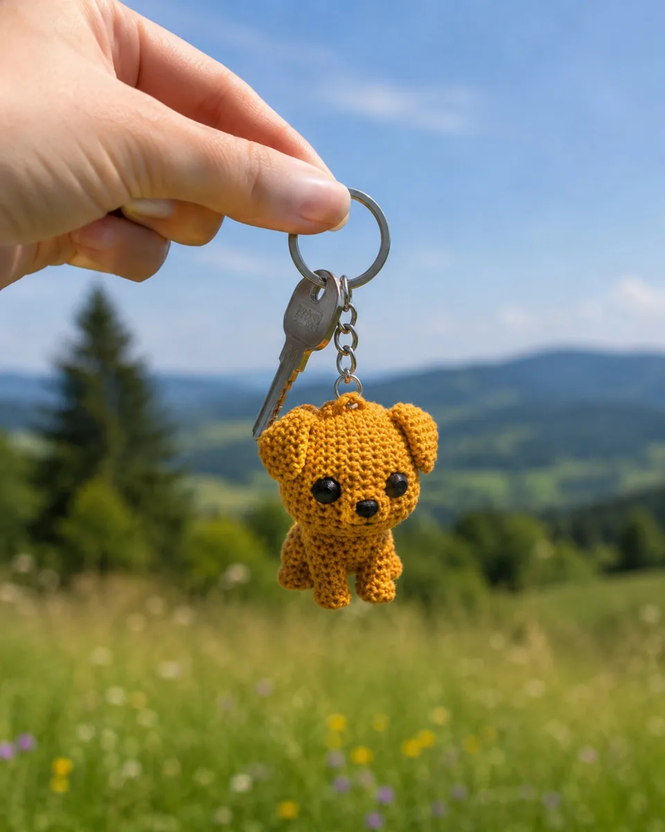 Ruka drží malý žlutý přívěsek ve tvaru zvířátka