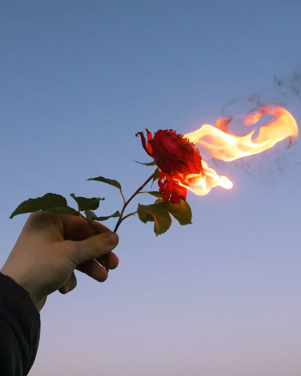 Ruka drží červenou růži s plamenem na okvětních lístcích